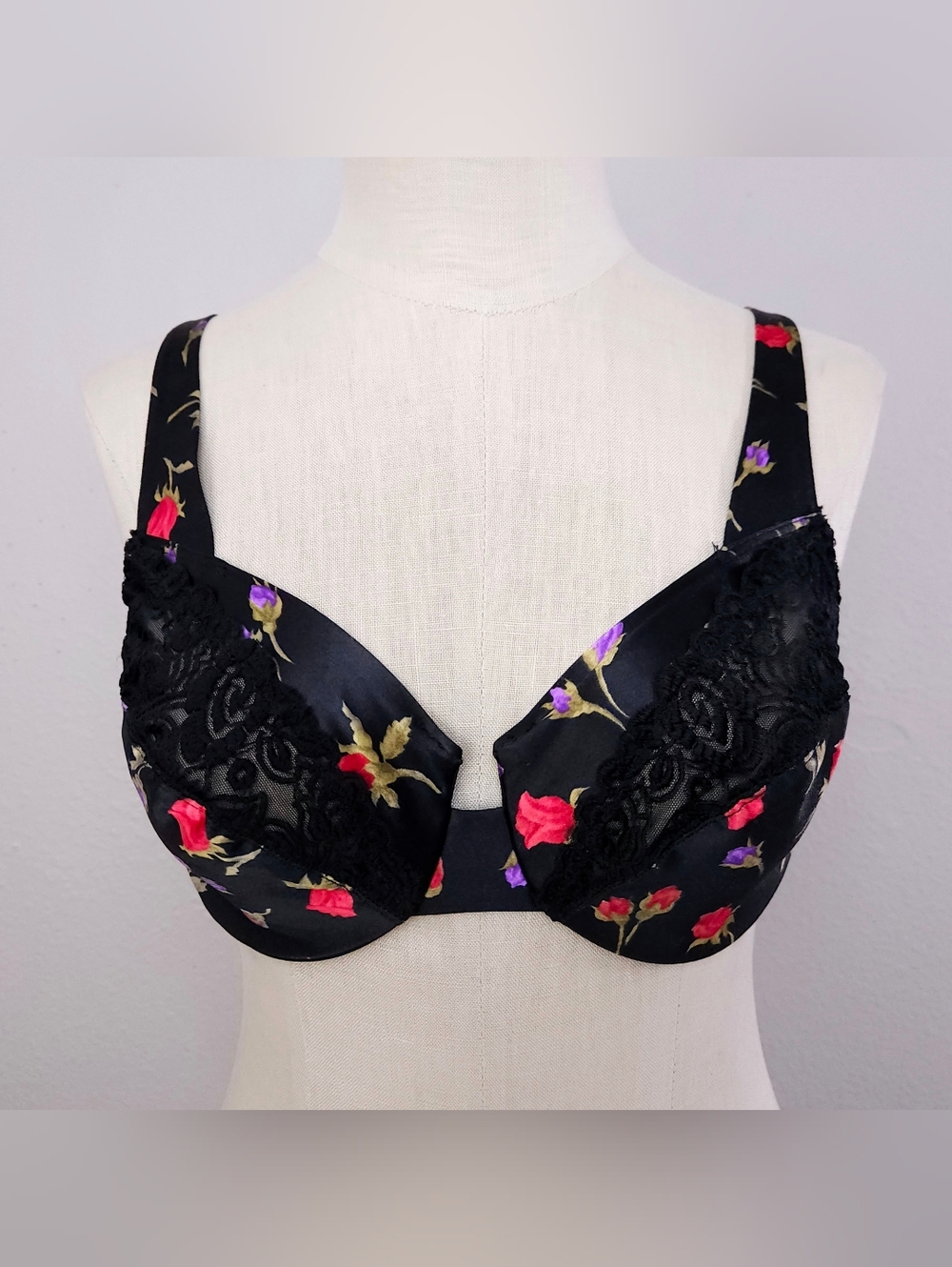 Vintage 90s Victoria's Secret Second Skin Satin Lace Bra 36C Black Red Floral
